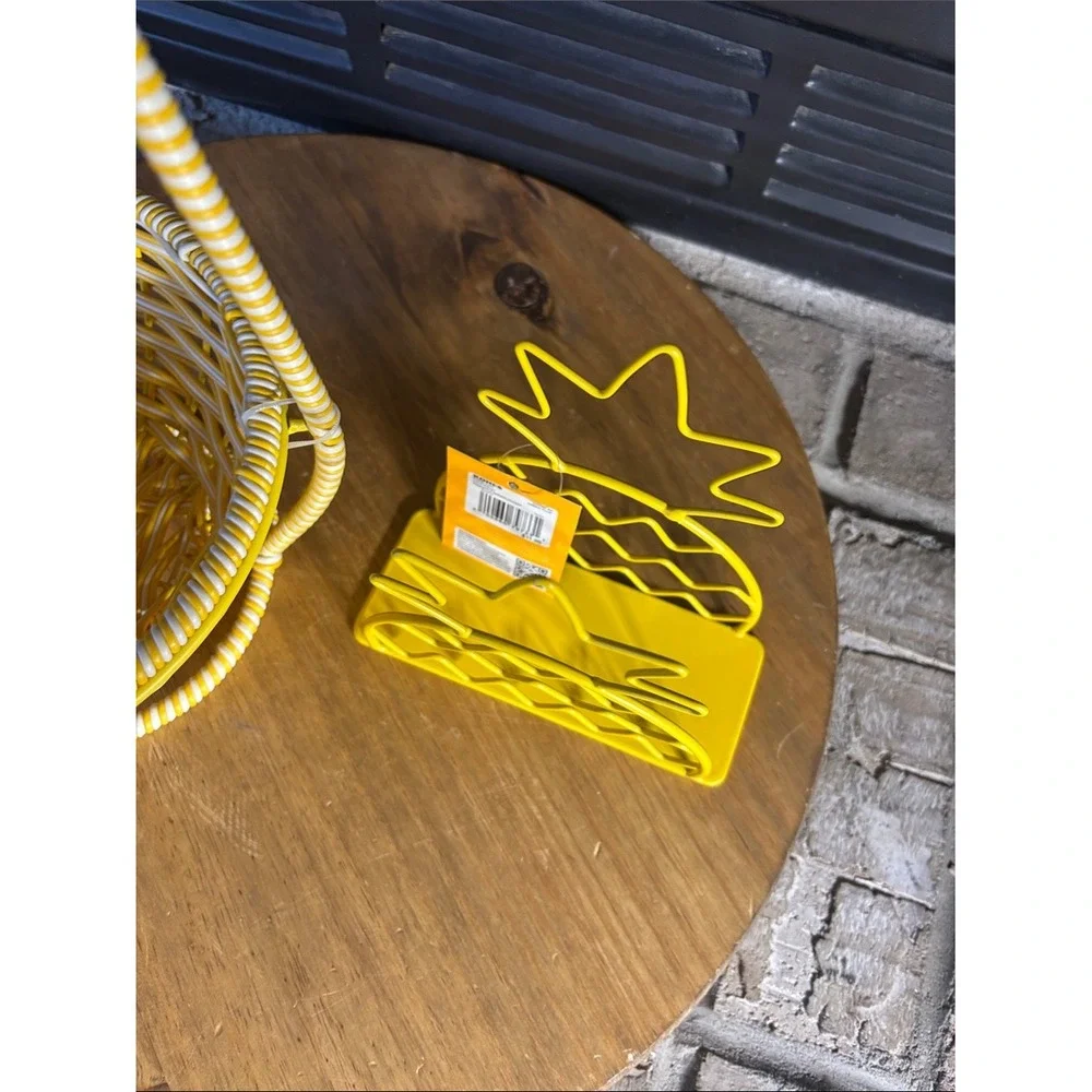 Yellow Pineapple Two-Tier Basket Stand & Matching Metal Napkin Holder Summer NEW